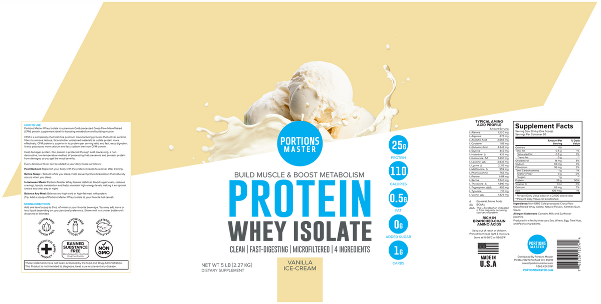 Portions Master Non-GMO Cross-Flow Microfiltration Whey Protein Isolate, Sweetened with Stevia | Vanilla Ice Cream